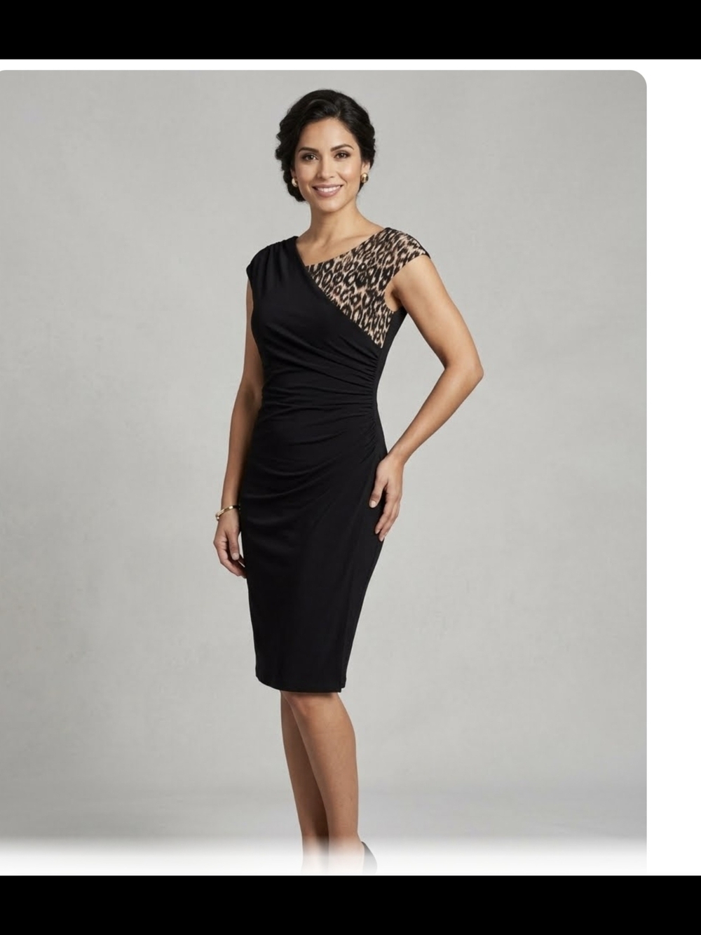 Black Cap-Sleeve Sheath Dress with Leopard‎ Mesh Yoke